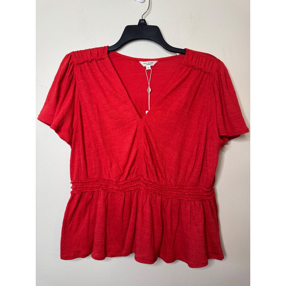 Max Studio London Womens Peplum Top Red V-Neck Flutter Sleeve